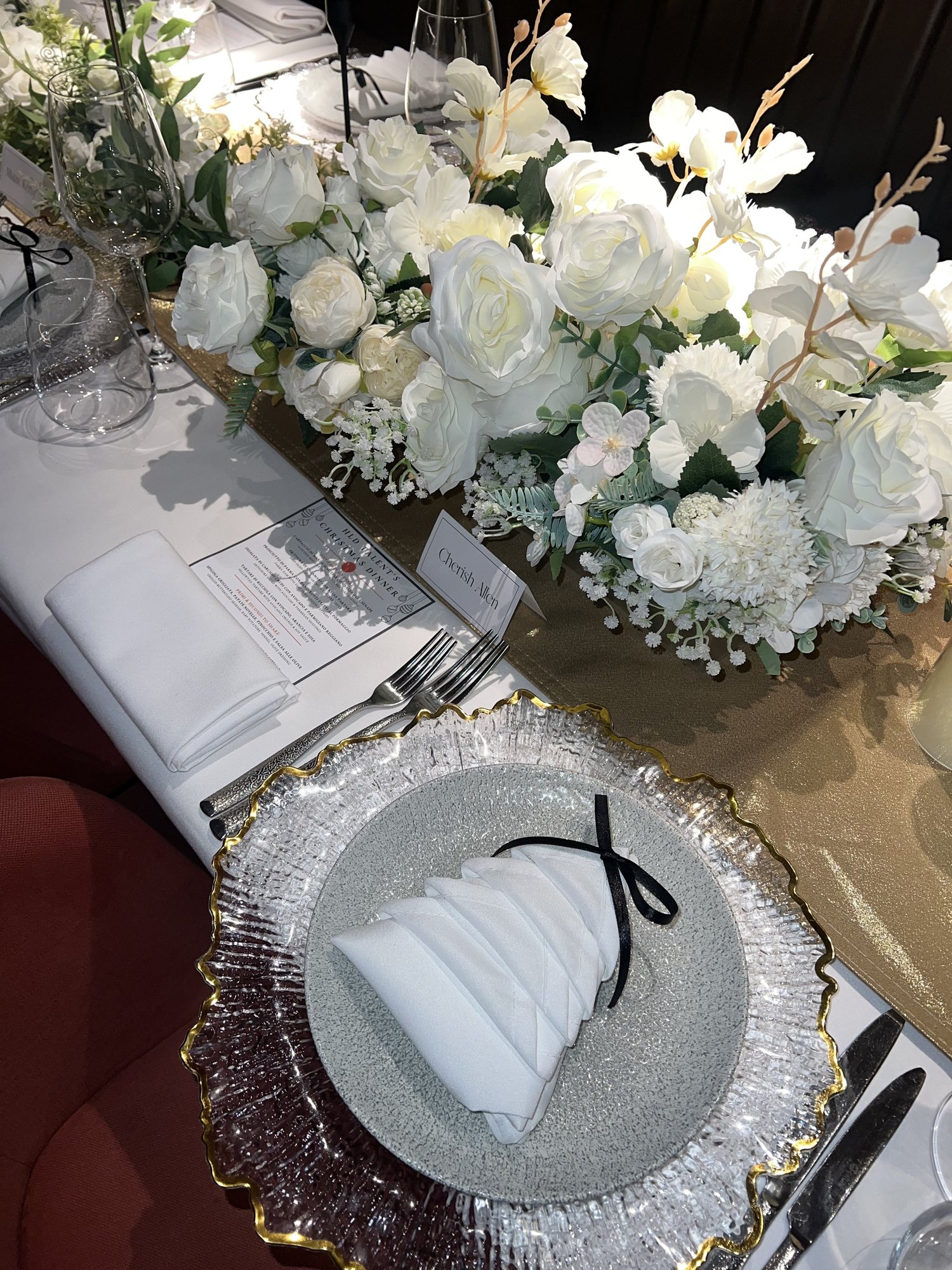 White Floral Christmas Private Dinner; event styling by Nylux Events Ltd