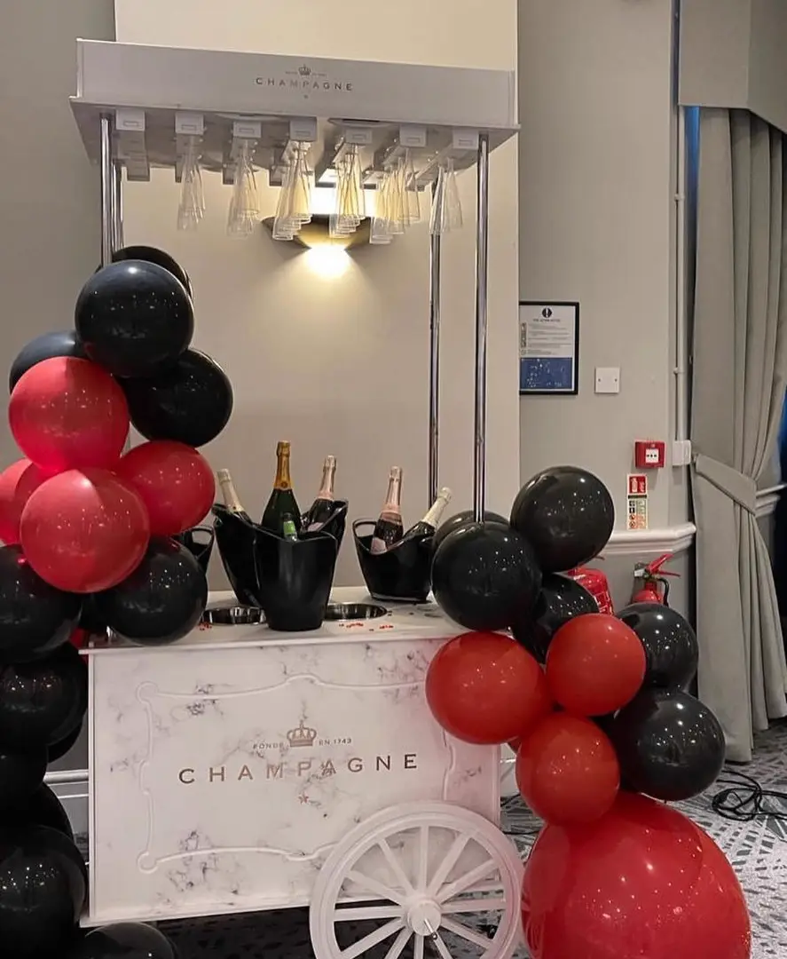 The full casino-themed room seen end to end