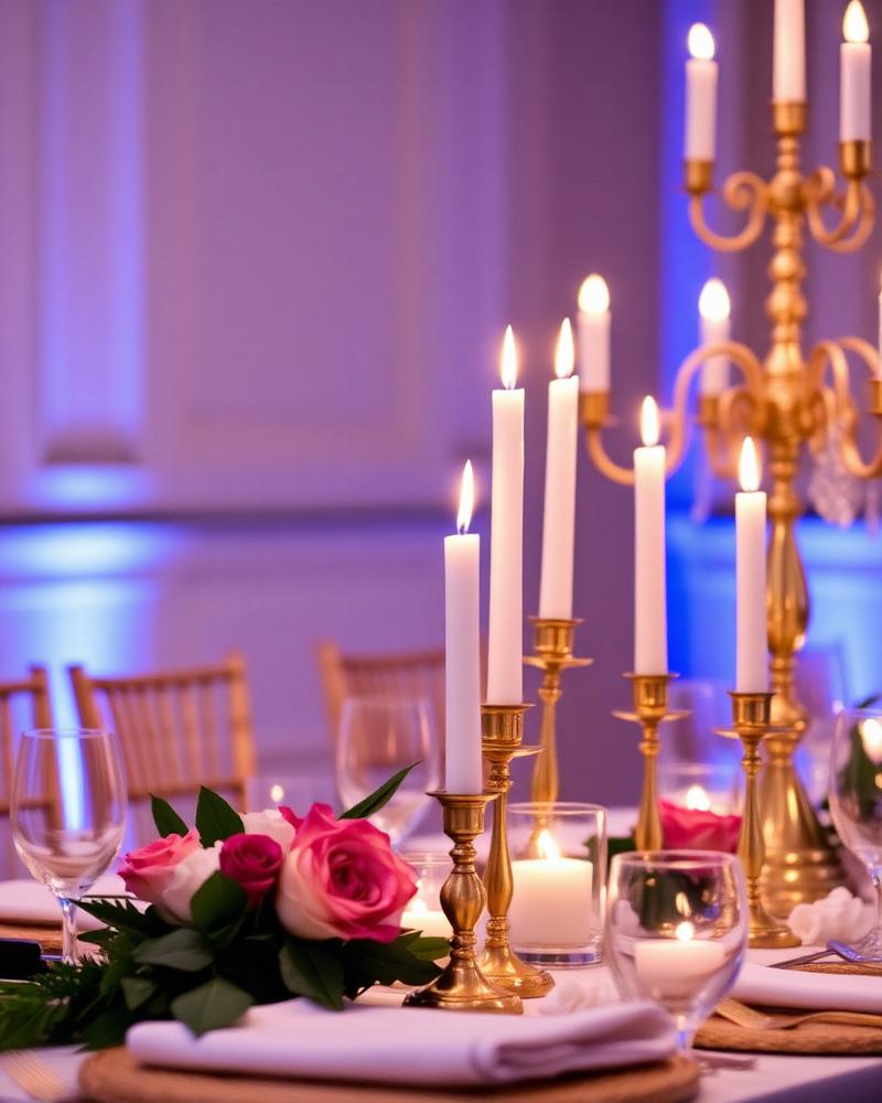 Taper candles glowing across a styled table